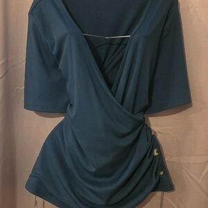 SHEIN Teal Ribbed Wrap-Front Short Sleeve Top